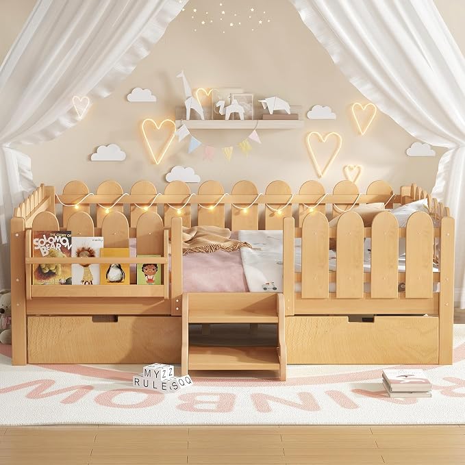 Bellemave Full Size Montessori Bed with Stairs, Lights, Rails and Slats, Full Size Montessori Floor Bed with Bookshelf and 2 Storage Drawers, Easy Assemble Beds Frame for Girls, Boys, Light Natural