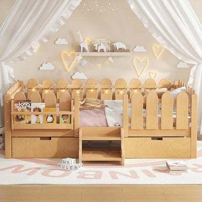 Bellemave Full Size Montessori Bed with Stairs, Lights, Rails and Slats, Full Size Montessori Floor Bed with Bookshelf and 2 Storage Drawers, Easy Assemble Beds Frame for Girls, Boys, Light Natural