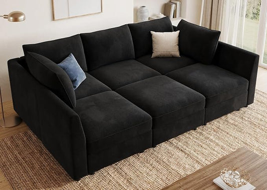 HONBAY Modular Sectional Couch Velvet Sleeper Sofa with Storage Seat Sectional Couches for Living Room,Black