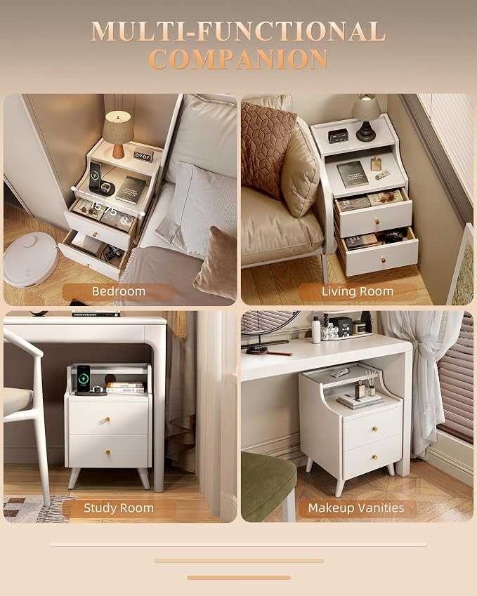 Narrow Nightstand with Drawers, 15.7" Slim Solid Wood Bedside Table with Open Shelf & Cable Hole, Modern Storage Side Table for Bedroom, White