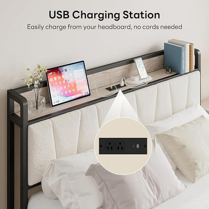 LIKIMIO Queen Bed Frames, Bouclé Storage Headboard with Charging Station, Solid and Stable, Noise Free, No Box Spring Needed, Easy Assembly