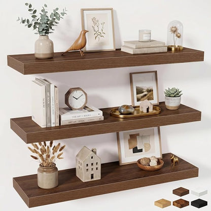 Fun Memories Floating Shelves for Wall 36 Inches, Wood Shelves with Invisible Bracket, 10" Deep Shelves Wall Mounted, Large Wood Floating Shelves for Living Room Bathroom, Walnut, Set of 3