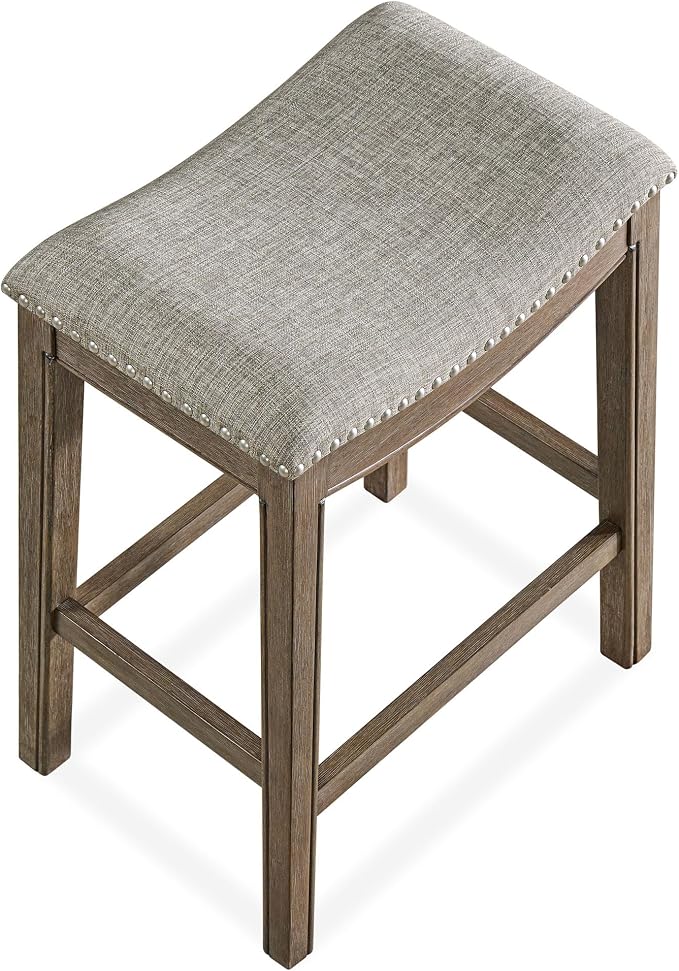 ROME + OAK Parker 26-Inch Backless Counter Stool, Backless Saddle Kitchen Stool in Walnut Finish with Grey Fabric Upholstery Cushion Seat