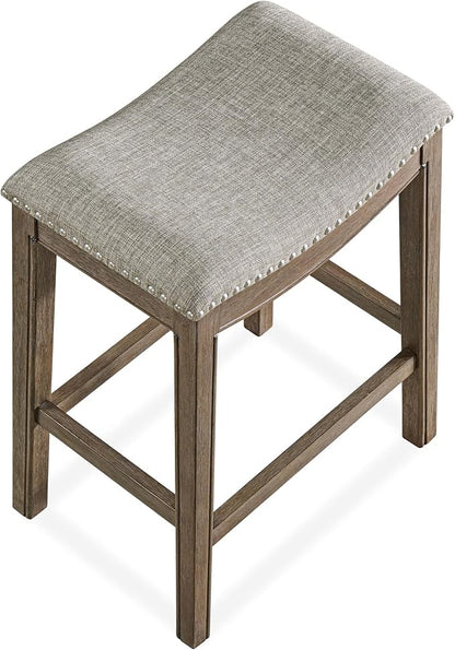 ROME + OAK Set of 3 Parker 26 Inch Counter Stool, Backless Saddle Kitchen Barstool in Walnut Finish with Grey Fabric Upholstery Cushion Seat