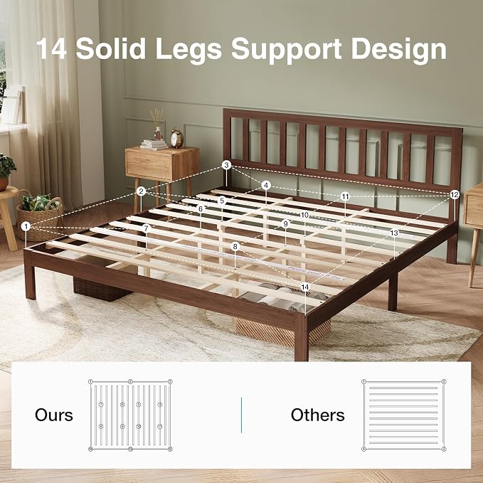 Novilla 12inch King Size Bed Frame Wooden King Bed Frame and Headboard, Classic King Size Bed Frame with Headboard, No Box Spring Needed, Easy Assembly, Walnut