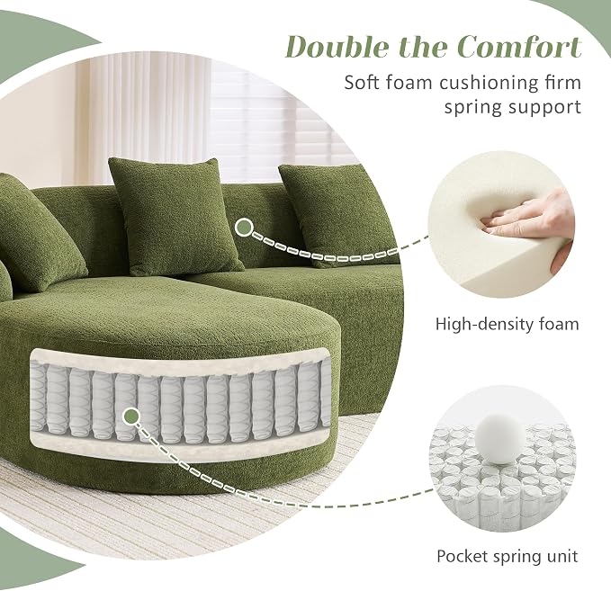 99" Curved Sofa with L-Shape Chaise,Modern Cloud Curved Couch with Deep Seat,No Assembly Required,Upholstered Oversized Couches for Living Room,Apartment (Green, 99Inch)