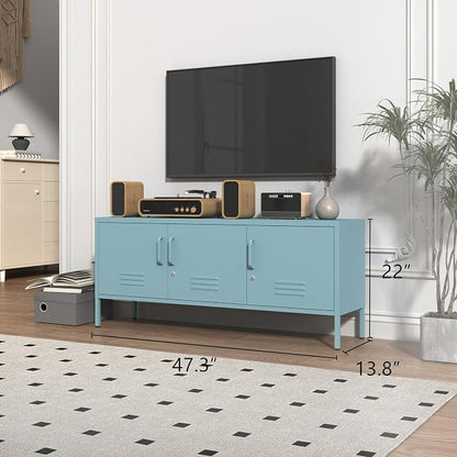 3 Door Lockable Metal TV Stand Storage Cabinet with Accent Cabinet Locker, Wide Heavy Duty Media Console for Large 100+ Inch TVs, Home Office Entertainment Center, Blue 22"H X 47.3"W X 13.8"D