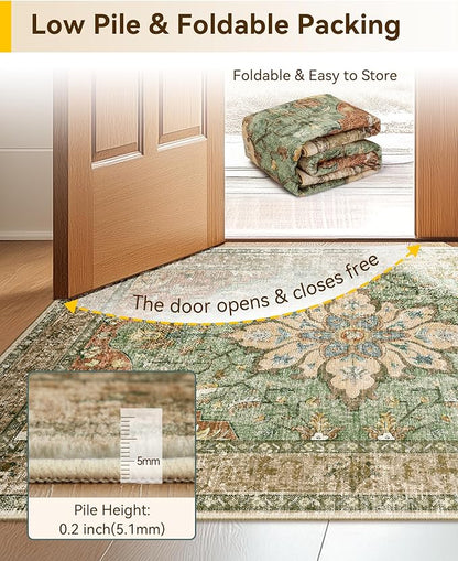 RELEANY Area Rugs Runner 2'6"x10' Washable Non-Slip, Floral Vintage Distress Medallion Carpet for Kitchen Hallway Bedroom Beside Laundry Room Bathroom, Terracotta Burnt Orange Green