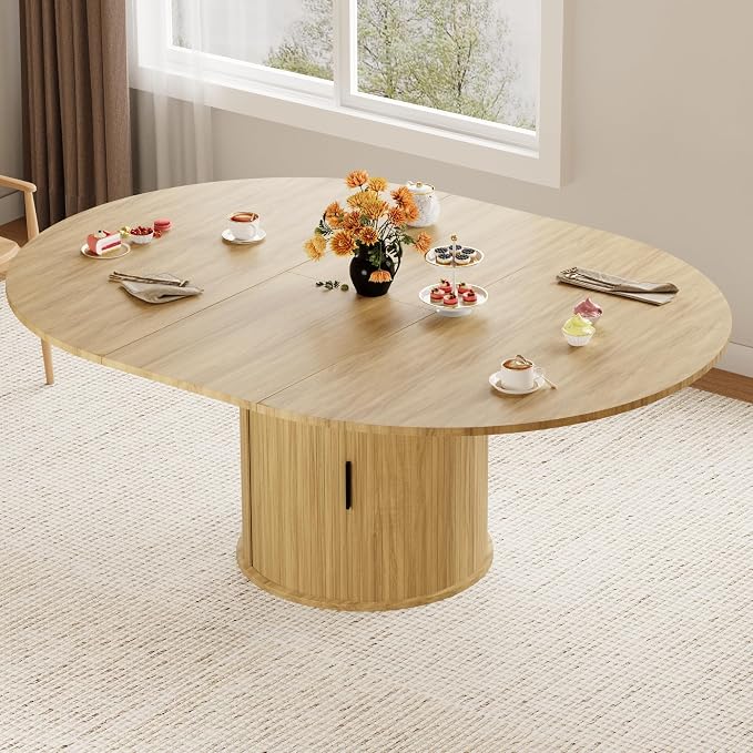 Dining Table for 4-6,59“Extendable Round Dining Room Kitchen Table with Storage,Round Table for Living Room,Fluted Wood Table with Slide Door,Expandable Oval Dinner Furniture with Pedestal Base,Oak