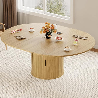 Dining Table for 4-6,59“Extendable Round Dining Room Kitchen Table with Storage,Round Table for Living Room,Fluted Wood Table with Slide Door,Expandable Oval Dinner Furniture with Pedestal Base,Oak