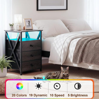 AMHANCIBLE Nightstands Set of 2, LED Night Stand with Charging Station, End Side Tables with USB Port & Outlet, Bedside Table with Fabric Drawers for Bedroom, Dark Grey, HET053LDG