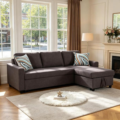 Pull Out Couch, L Shaped Sectional Couch with Pull Out Bed, Convertible Sofa Bed with Storage Chaise, Queen Size Sleeper Sofa, Sofa Bed Couch, Sleeper Sofa with Storage, Dark Brown