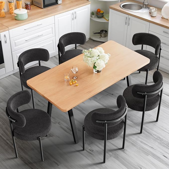 PatioPerk Boucle Dining Chairs Set of 6, Black Mid Century Morden Chair with Curved Backrest, Round Upholstered Sherpa with Metal Legs, Suitable for Various Kitchen Styles
