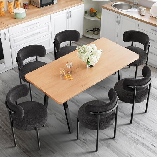 PatioPerk Boucle Dining Chairs Set of 6, Black Mid Century Morden Chair with Curved Backrest, Round Upholstered Sherpa with Metal Legs, Suitable for Various Kitchen Styles