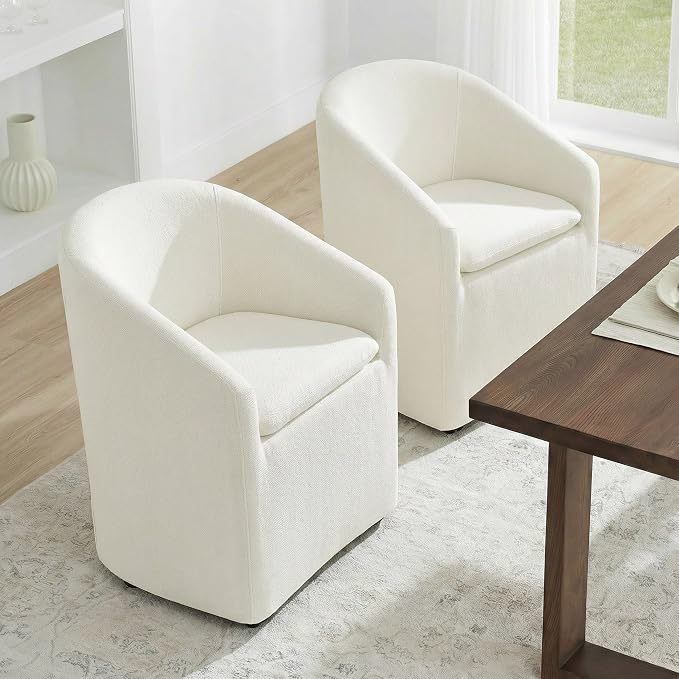 KISLOT Upholstered Dining Chairs Set of 2 with Casters, Modern Side Barrel Armchair with Washable Slipcover & Sturdy Metal Frame for Diningroom Bedroom Livingroom Reading Room, Beige Fabric