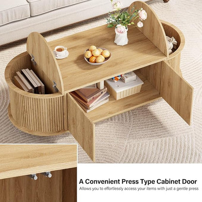 HSH 47" Oval Coffee Table with Storage, Oak Coffee Table for Living Room | Modern Center Table with Press Type Door, Fluted Living Room Tables with 2 Flip-Top Hidden Lids, Wood Table