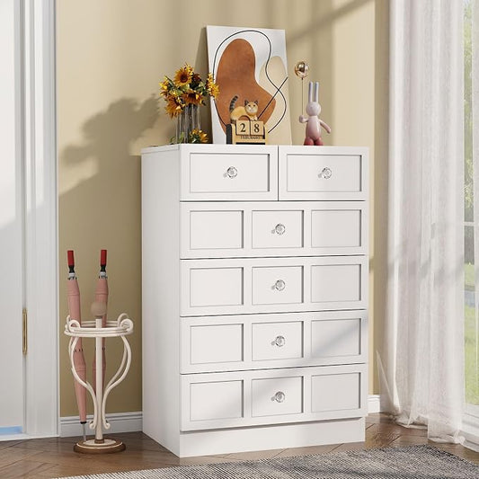 6 Drawer Dresser for Bedroom: 24" White Wide Tall Dressers for Bedroom, Modern Fluted Dresser with Deep Drawers, Wooden Chest of Drawers for Living Room