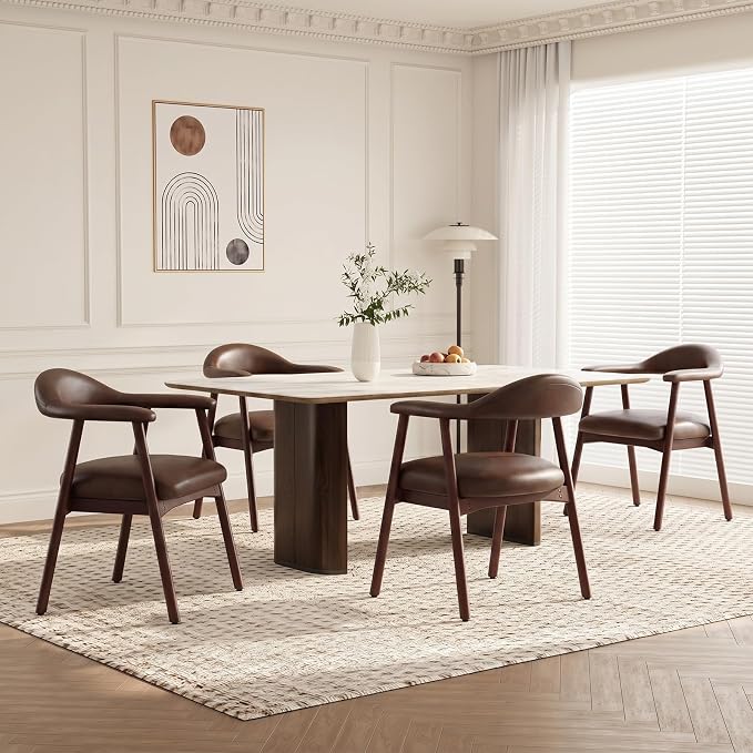 MALOL Leather Dining Chair with Armrest Set of 4, Upholstered Dining Room Chair with Curved Back and Wood Legs, Mid Century Modern Kitchen Chairs for Kitchen Dining Room,Dark Brown