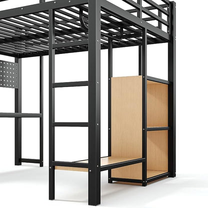 Bellemave Full Size Loft Bed with Desk,with USB Ports, Lights, and Hanging Rod, Cave Board Design, Metal Full Loft Bed Frame for Adults, Kids, Teens, Black