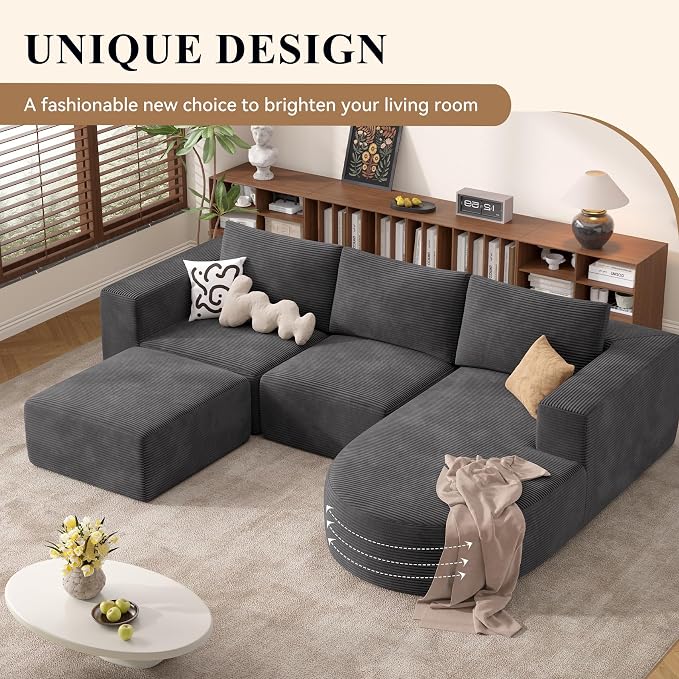 Boneless Couches for Living Room with Chaise,104" Modular Sectional Sofa with Convertible Ottoman,Cozy Cloud Couch with U-Shaped,Sponge Compression Sofas in a Box,No Assembly Required(Gray) 1pcs