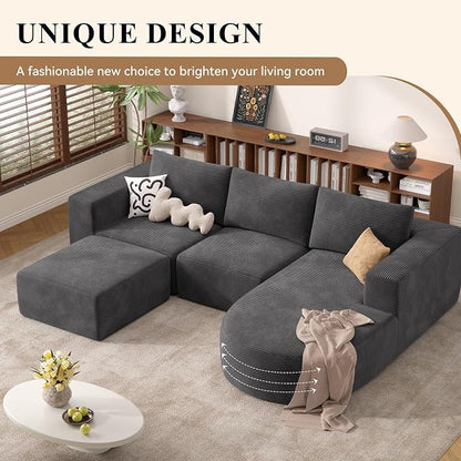 Boneless Couches for Living Room with Chaise,104" Modular Sectional Sofa with Convertible Ottoman,Cozy Cloud Couch with U-Shaped,Sponge Compression Sofas in a Box,No Assembly Required(Gray) 1pcs