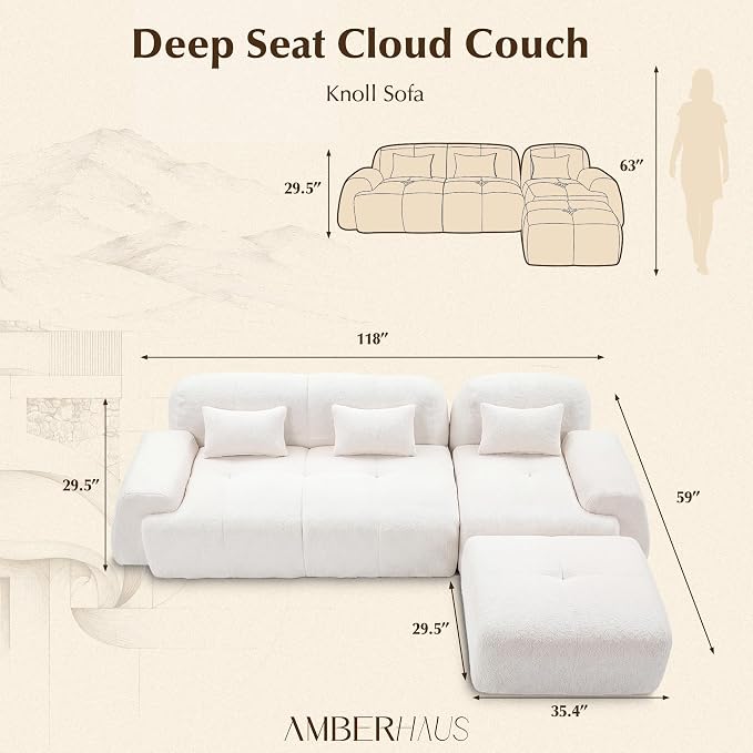 118'' Modular Sectional Cloud Couch Boneless Couches, Oversize Curved Sectional Couches for Living Room, Deep Seat Couch Lambswool Sofa with Ottoman & Throw Pillows, No Assembly, HR Foam