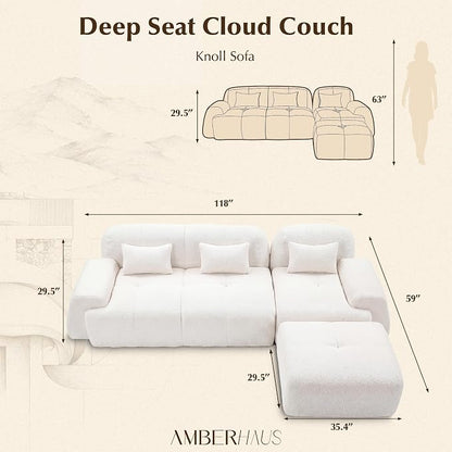118'' Modular Sectional Cloud Couch Boneless Couches, Oversize Curved Sectional Couches for Living Room, Deep Seat Couch Lambswool Sofa with Ottoman & Throw Pillows, No Assembly, HR Foam
