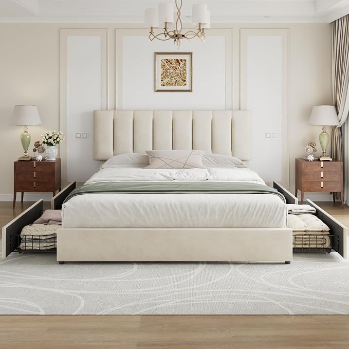 VECELO King Size Bed Frame with 4 Storage Drawers, Adjustable Height Headboard, Heavy-Duty Bedframe with Strong Wooden Slats, No Box Spring Needed, Pale Beige