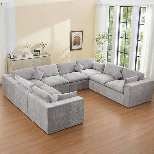 146''Cloud Boneless Sectional Couch, Modular Sectional Sofa Deep Seat, Oversized Upholstered Convertible Comfy 8 Seater Chenille Memory Foam Sofa U Shape Couches for Living Room, Light Grey