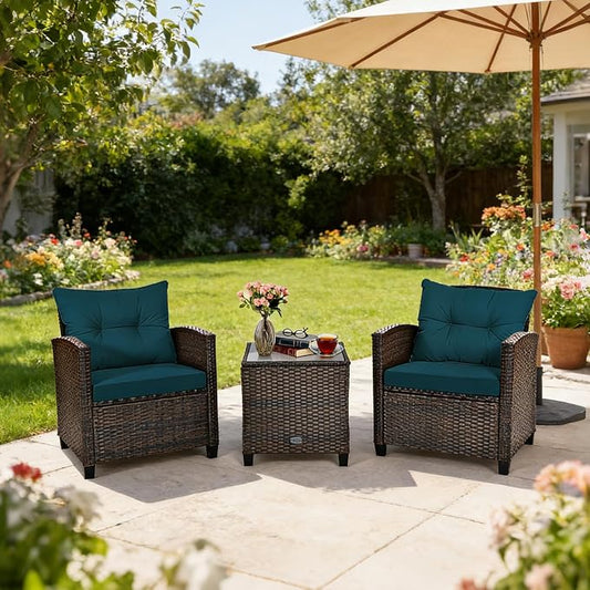 COSTWAY 3PCS Patio Furniture Set, PE Rattan Wicker Sofa w/Washable Cushion and Coffee Table, Tempered Glass Tabletop, Outdoor Conversation Set for Balcony, Porch, Yard, Backyard, Lawn (Blue)