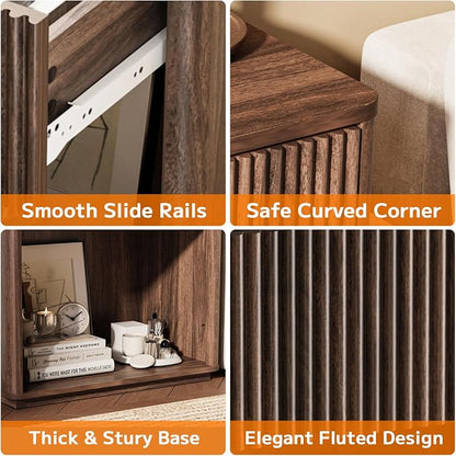 Modern Fluted Nightstand Set of 2 for Bedroom, Mid Century Bedside Table with Drawer & Open Shelf, Wood End Table, Farmhouse Night Stand for Home, Hallway, Office, Walnut