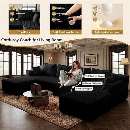 142" Oversized Cloud Modular Sectional Sofa Boneless Couches with Double Chaise Lounge and Deep Seat, Fluffy Corduroy Upholstered Compressed Lounge Sofa & Couches for Living Room