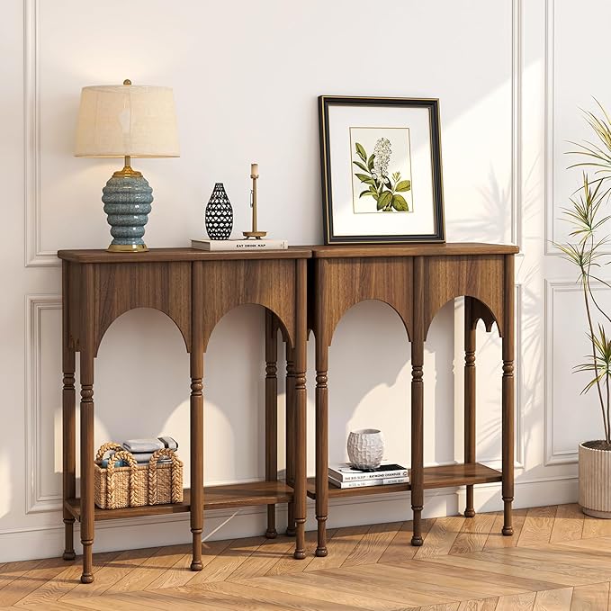 Console Table with Storage Shelf Set of 2, Retro Modern 2-Tier Entryway Table, Narrow Sofa Table with Roman-Style Legs for Living Room, Hallway, Brown