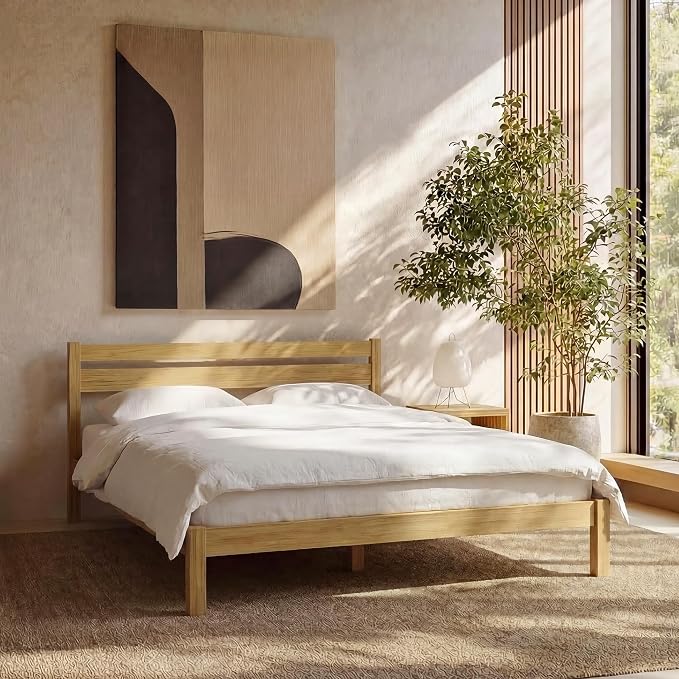 LIFEMENT Full Bed Frame with Headboard Classic Wood Platform, Noise Free, Under Bed Storage, No Box Spring Needed, Easy Assembly, Natural