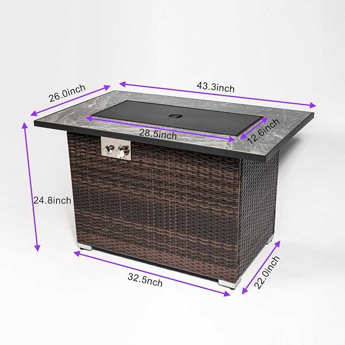 GDFStudio 44" Propane Fire Pit Table 50000 BTU Outdoor Gas Firepit with Ceramic Tile Top & Wicker Base Rectangular Fire Table with Wind Guard Lid & Cover for Patio Deck Garden, Grey Top & Brown Frame
