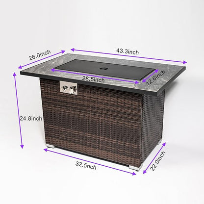GDFStudio 44" Propane Fire Pit Table 50000 BTU Outdoor Gas Firepit with Ceramic Tile Top & Wicker Base Rectangular Fire Table with Wind Guard Lid & Cover for Patio Deck Garden, Grey Top & Brown Frame