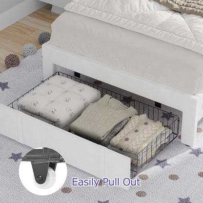 VECELO Twin Bed Frame with Storage Drawer, Heavy-Duty Platform Bedframe with Headboard & Strong Wooden Slats Support, No Boxing Spring Needed, Pure White