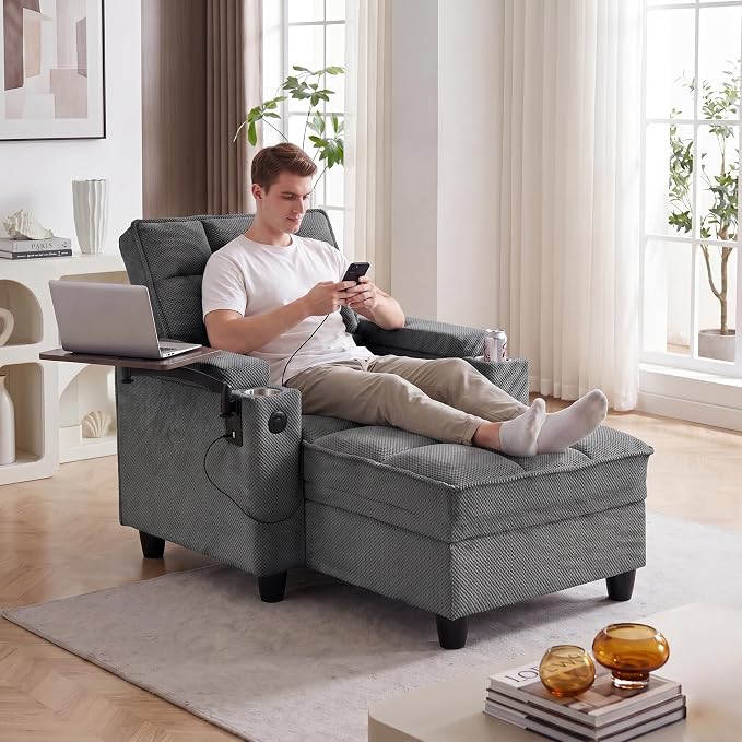 Convertible Sleeper Chair, Pull Out Sofa Bed with Adjustable Backrest & Hidden Storage Armrest, Single Sofa Recliner with USB Charging Port & Cup Holders for Living Room, Bedroom, Dark Gray