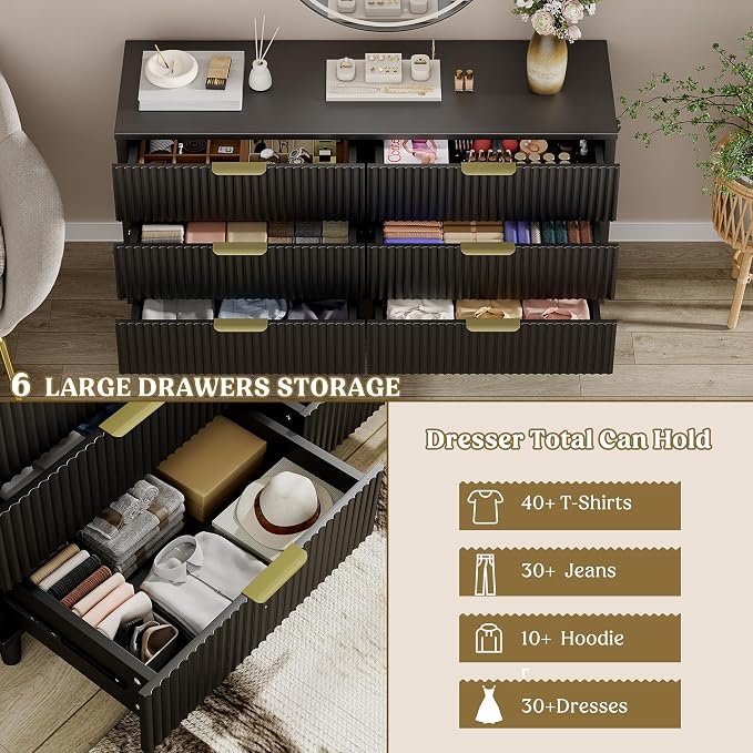 Lulive Black Dresser for Bedroom Wood Dressers Chest of Drawers, Fluted 54" Wide Modern Long Dresser TV Stand 6 Drawers for Bedroom, Closet, Hallway (Black)