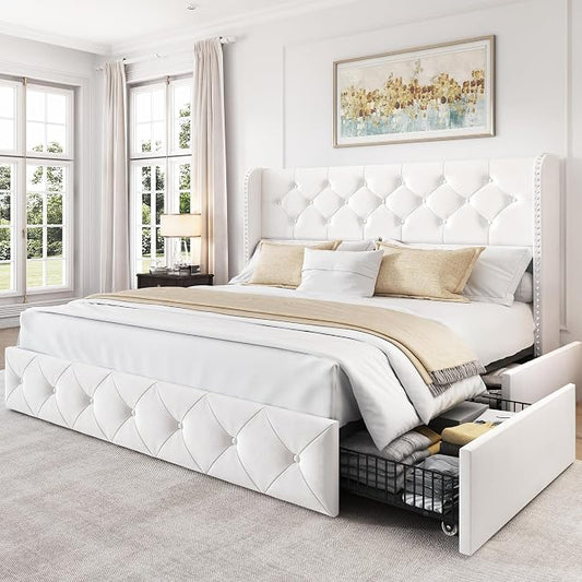 LARMACE Queen Size Bed Frame with 4 Storage Drawers and 47.2" Tall Wingback Headboard Velvet Upholstered Platform Bed Frame Tufted Beds with Wooden Slats Support, Easy Assembly, White