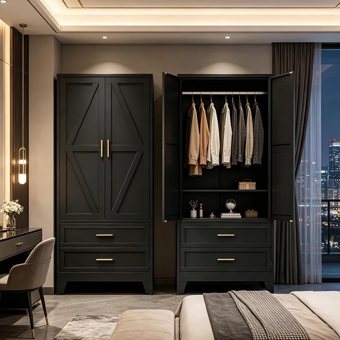 71" H Black Armoire Wardrobe Closet with Drawers,Metal Wardrobe Closet with Doors and Shelves,Tall Wardrobe Closet for Bedroom