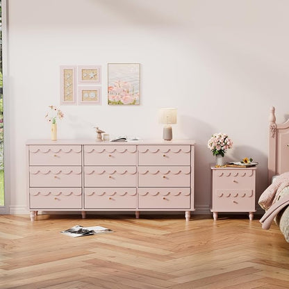 Anbuy Bedroom Sets 9 Drawer Dresser and Night Stand Sets for Bedroom, Two Drawers Nightstand Set of 2 & 9 Drawer Dresser Combo 3 Pieces (Pink)