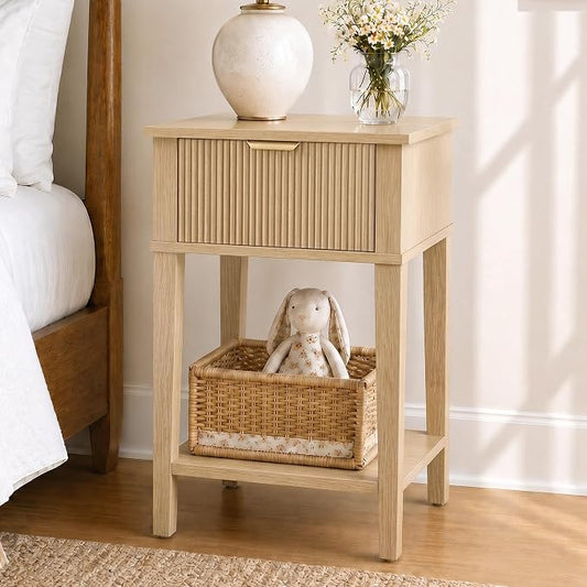 Natural Oak 15" Wide Small Nightstand with Drawer, Open Shelf, Fluted | Light oak tone, ribbed fluted front, 11.8-inch slim depth, concealed storage, airy fit for bedside, sofa side, or chair side