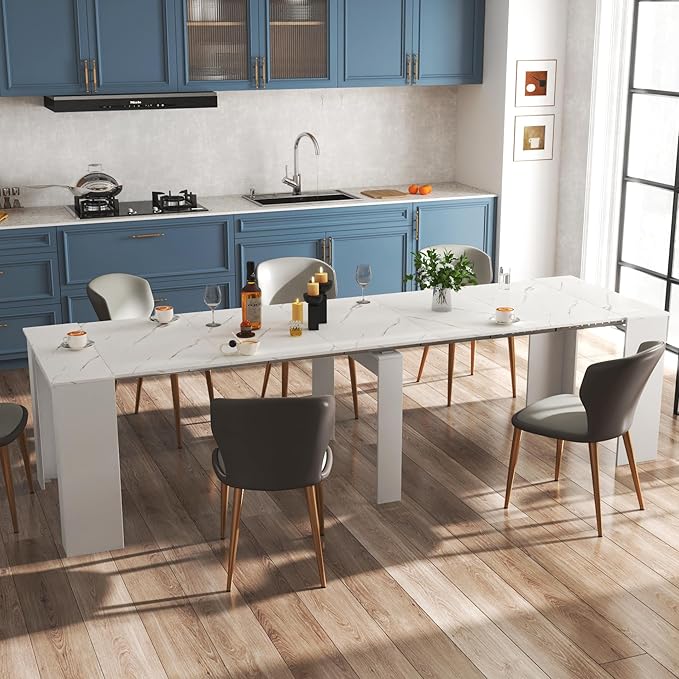 Transformer Dining Table for 12, 118” Expandable Marble Dining Room Table, Space Saving Console to Dining Table Marble & White