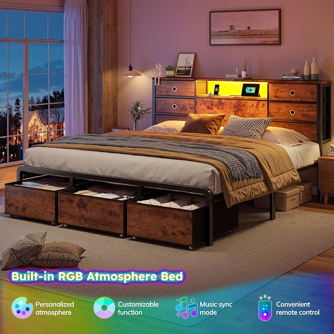 Homkdom King Size Bed Frame with 9 Fabric Drawers Storage, Charging Station & LED Lights, Metal Platform Bed Frame with Headboard,Noise-Free and Easy Assembly for Bedroom,Modern Brown