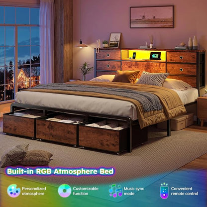 Homkdom King Size Bed Frame with 9 Fabric Drawers Storage, Charging Station & LED Lights, Metal Platform Bed Frame with Headboard,Noise-Free and Easy Assembly for Bedroom,Modern Brown