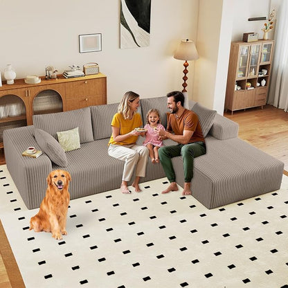 96" Modular Sectional Sofa, Modern Corduroy Cloud Couch with Deep Seat, Boneless Couch Upholstered 3-Seater L-Shaped Sofa for Living Room, No Assembly Required (Camel, Right-Facing Chaise)