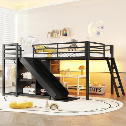 Bellemave Twin Size Low Loft Bed with Slide & 7 Fabric Storage Drawers,Metal Loft Bed Frame with Shelves and LED Lights for Boys Girls,Kids Loft Bed Twin,Black