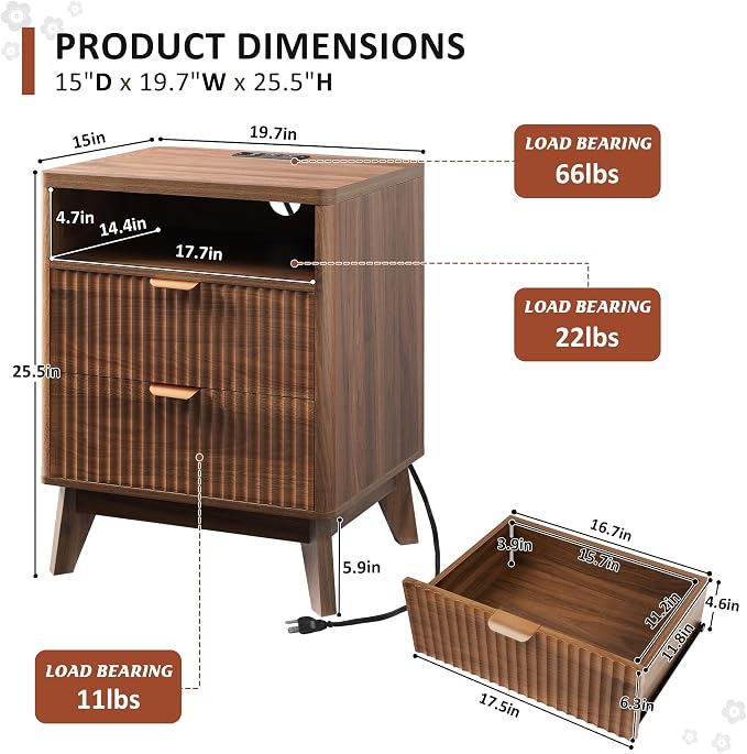 LYNCOHOME Fluted Nightstand with Charging Station, 19.7 inch Wide End Table with 2 Drawers, Modern Wood Bedside Table for Bedroom,Brown,1 Pcs