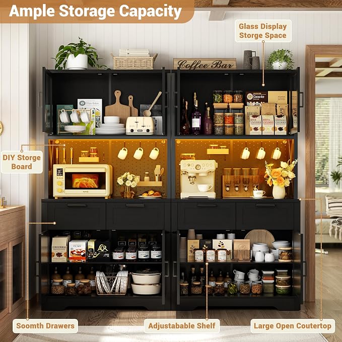 Unikito 71" Tall Kitchen Pantry Storage Cabinet with LED Light & Outlet, 63" Wide Kitchen Hutch Cabinet with Large Countertop, DIY Pegboard and Drawers, Farmhouse Food Pantry for Living Room, Black